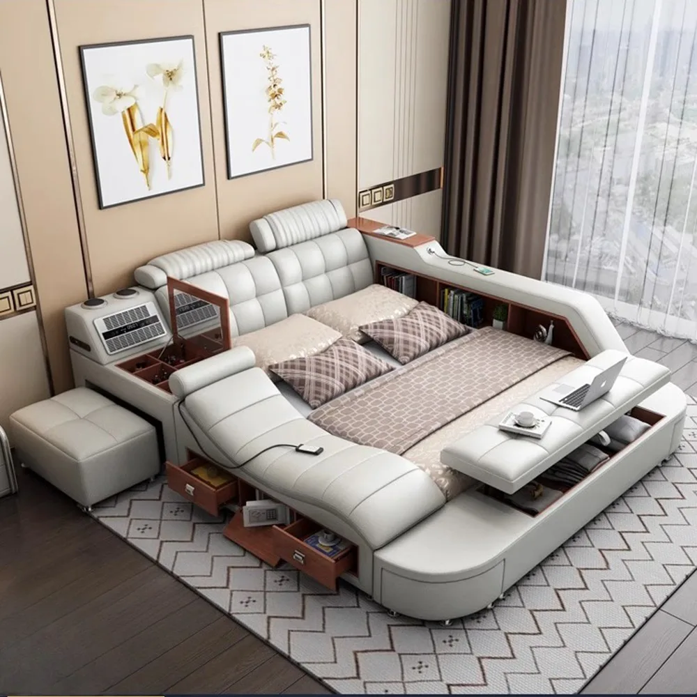 

European Grounding Bed Upholstered Adults Modern Two Persons Beds Massage Storage Cama Casal Multifuncional Home Furniture