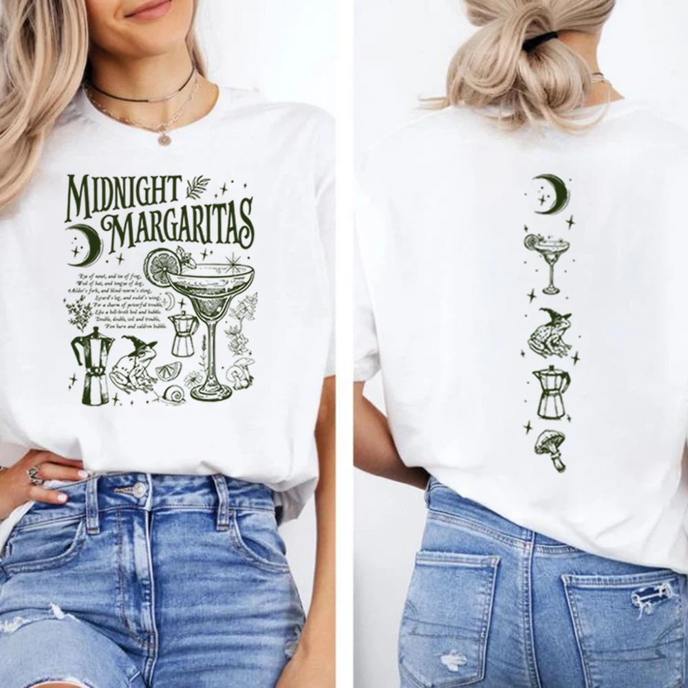 Women's Retro Midnight Margarita T-shirt Double sided Printed Frog Mushroom Moon Pattern Short Sleeve Polyester Fiber T-shirt