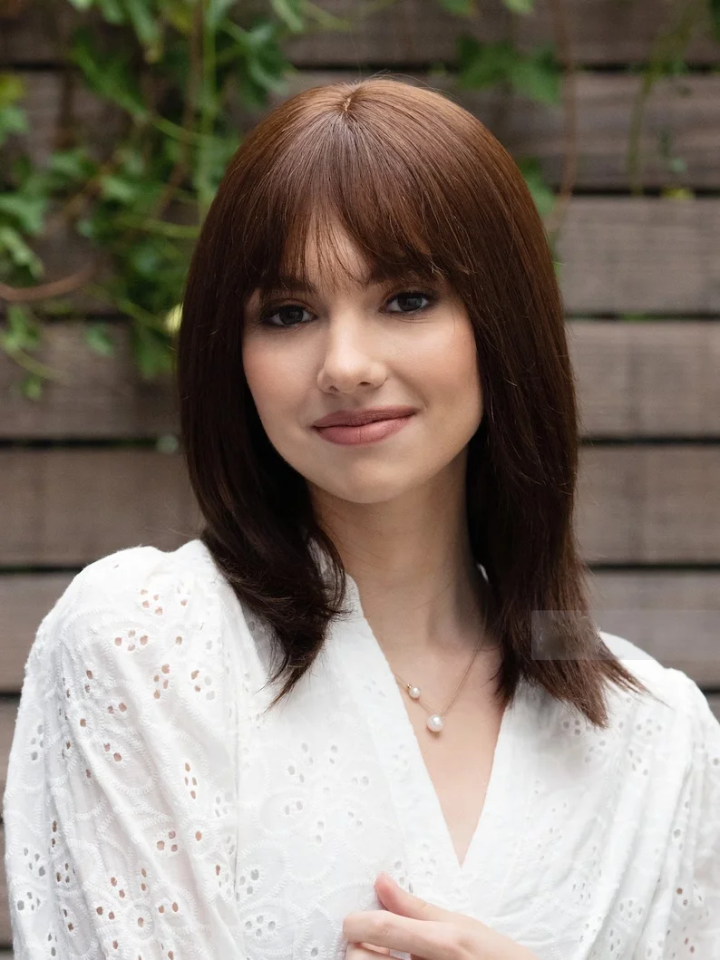 Soft Natural Bob Long Brown Straight 5x5 Silk Base Free Part  Jewish Human Hair Wig With Bangs HD Lace European Hair Preplucked