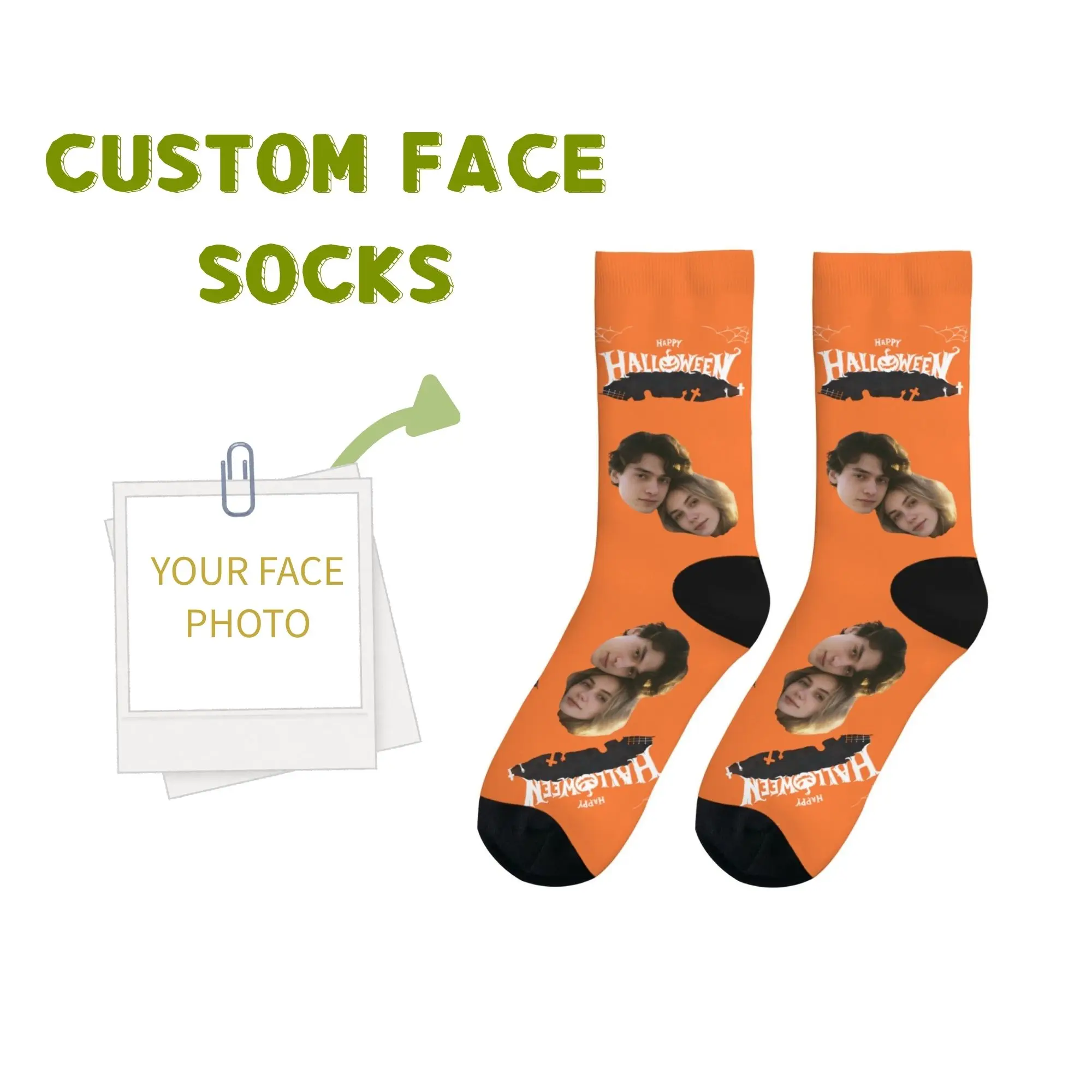 Custom Halloween-Themed Couple Facial Socks Happy Halloween & Multicolor One-of-a-Kind Gift for Halloween Loving Couples
