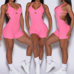 Yoga Women's Gym Jumpsuit Sexy Bodysuit Shorts Sports One-piece Fitness Suit Backless Cross Romper Solid Color Workout Clothing