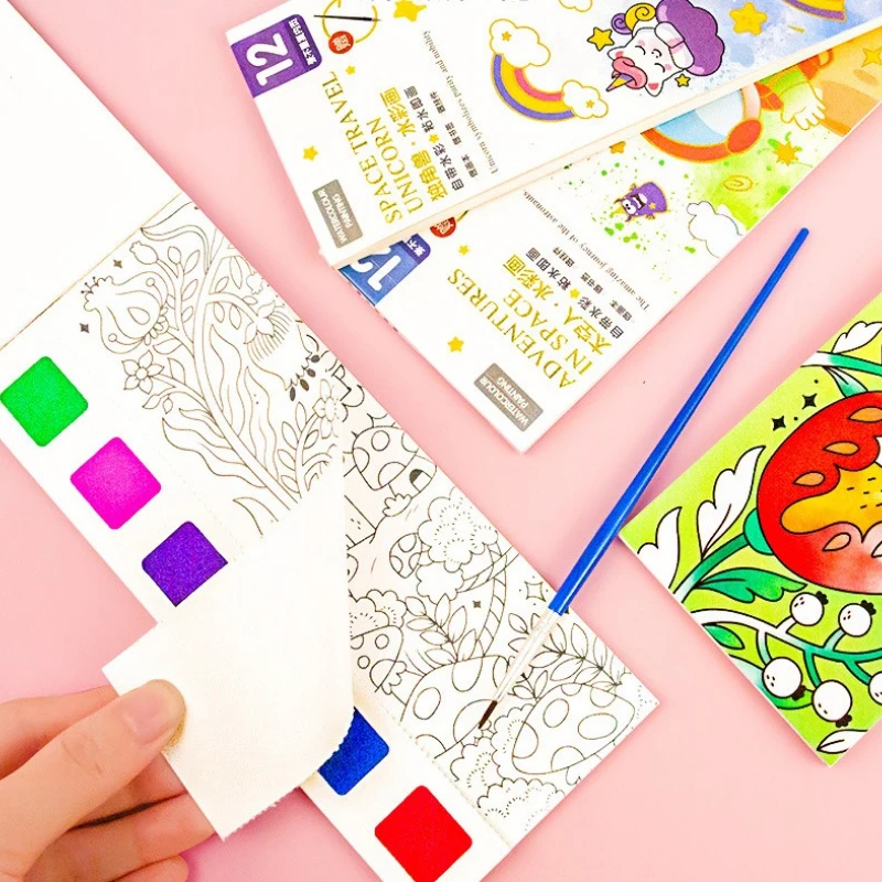 1/2/3pcs Watercolor Coloring Book With Paint Brush Kids Graffiti Picture Drawing Painting Stationery Thanksgiving Christmas Gift