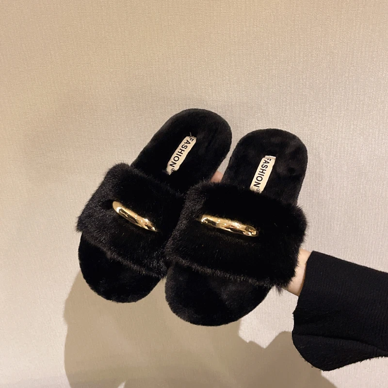 Zapatillas mullidas y cálidas a la moda para mujer, chanclas cómodas de piel sintética cruzadas para suelo interior, chanclas planas y peludas suaves para celebridades