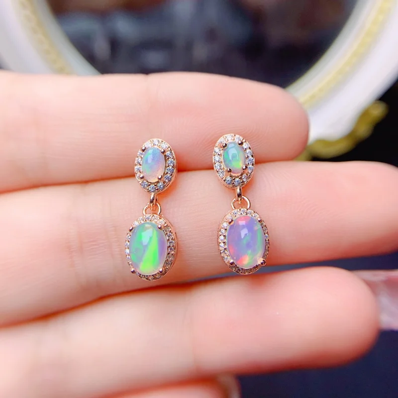 YULEM Oval Natrual Opal Stone Stud Earrings for Women Dainty Classic 4 Claws Natural Fire Opal Stone Students Earrings