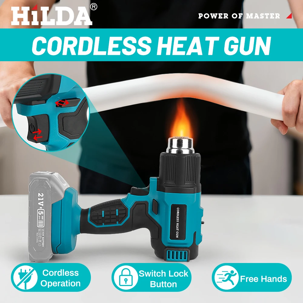 HILDA 21 فولت يده مسدس هواء ساخن درجة الحرارة قابلة للشحن اللاسلكي لبطارية ماكيتا مسدس الحرارة الكهربائية مع فوهات