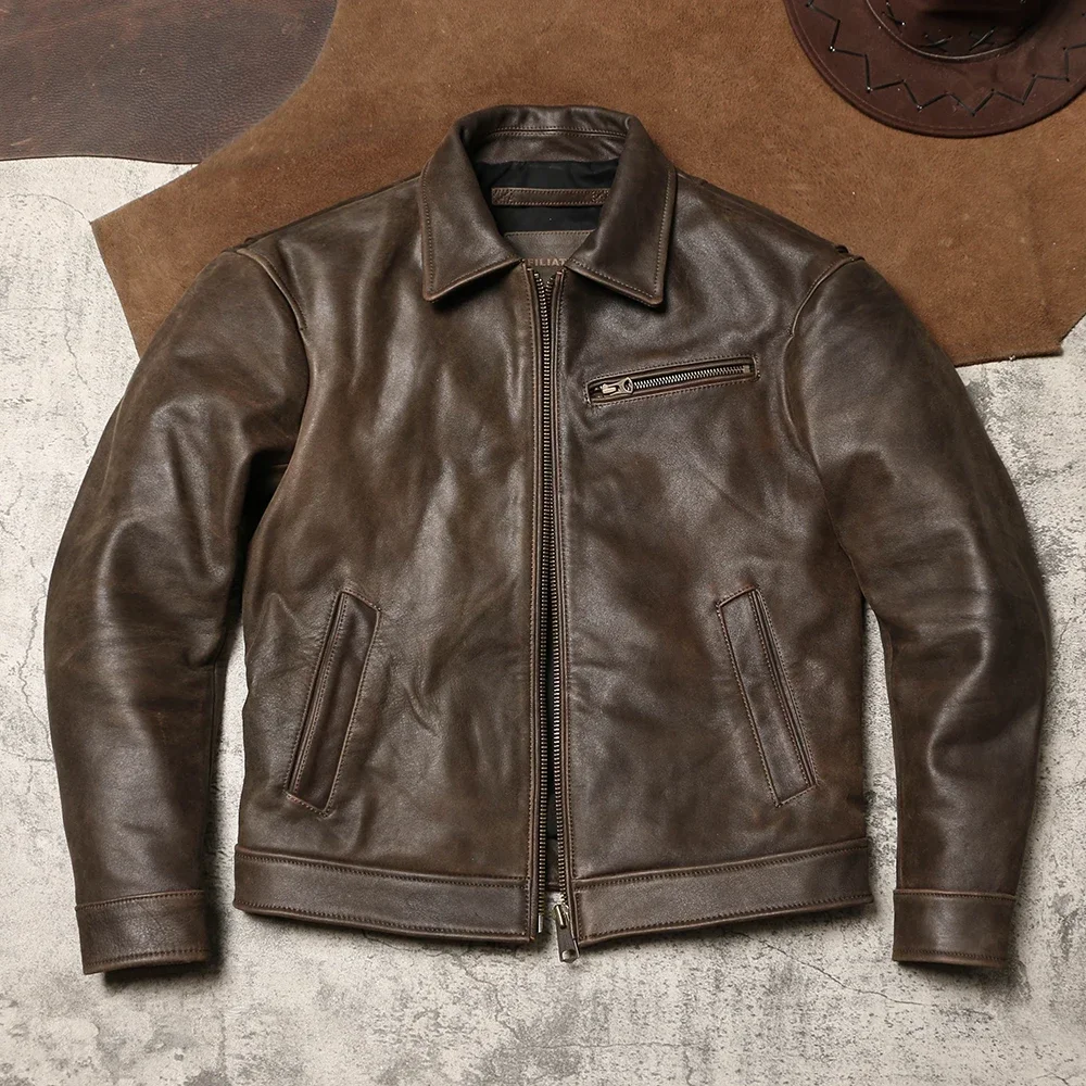 Blunt Razor 1930 Retro Old Motorcycle Leather Turtle Crack Thick Soft Leather Coat Men and Women Tooling Leather Jacket