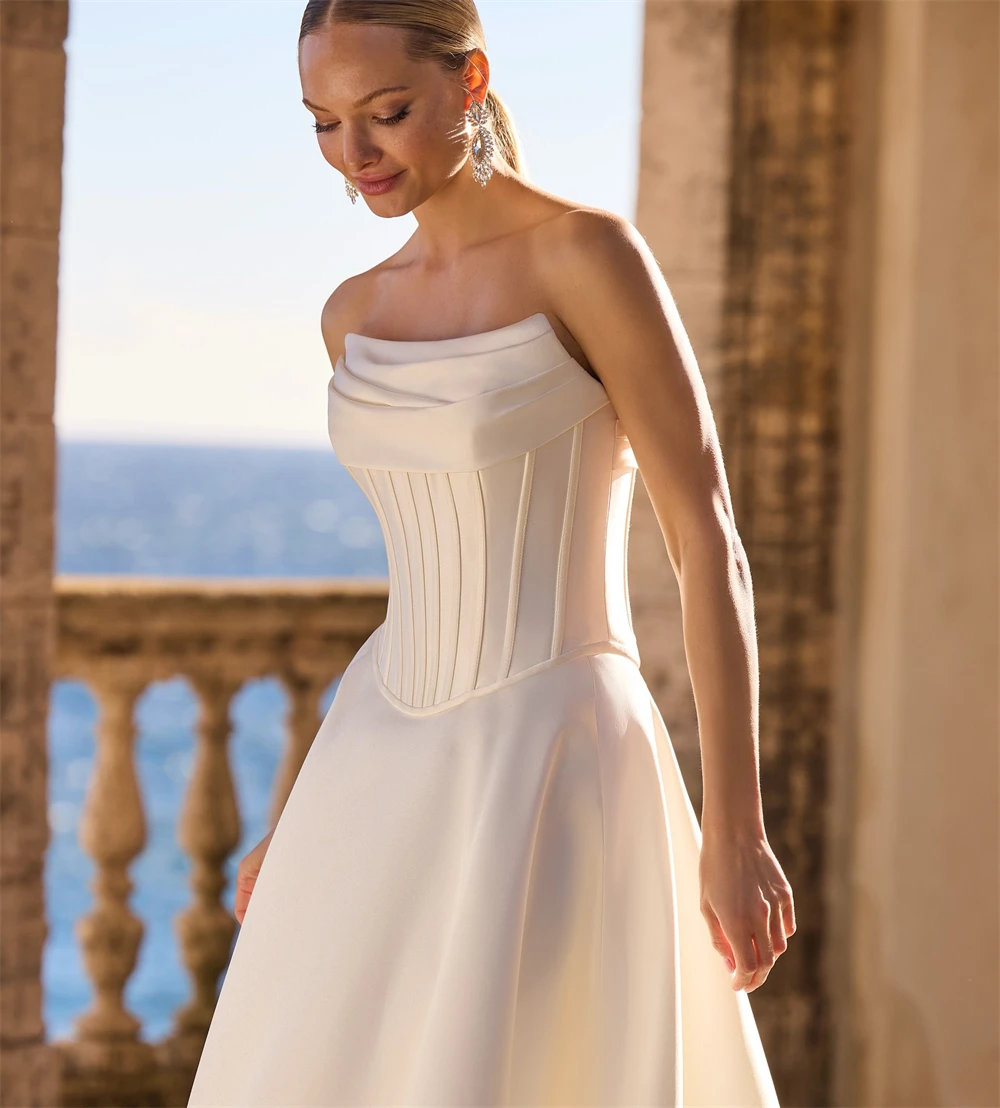 Элегантное белое атласное свадебное платье по индивидуальному заказу, официальное свадебное платье без бретелек без рукавов, трапециевидное платье в стиле бохо со шлейфом, Vestido De Novia