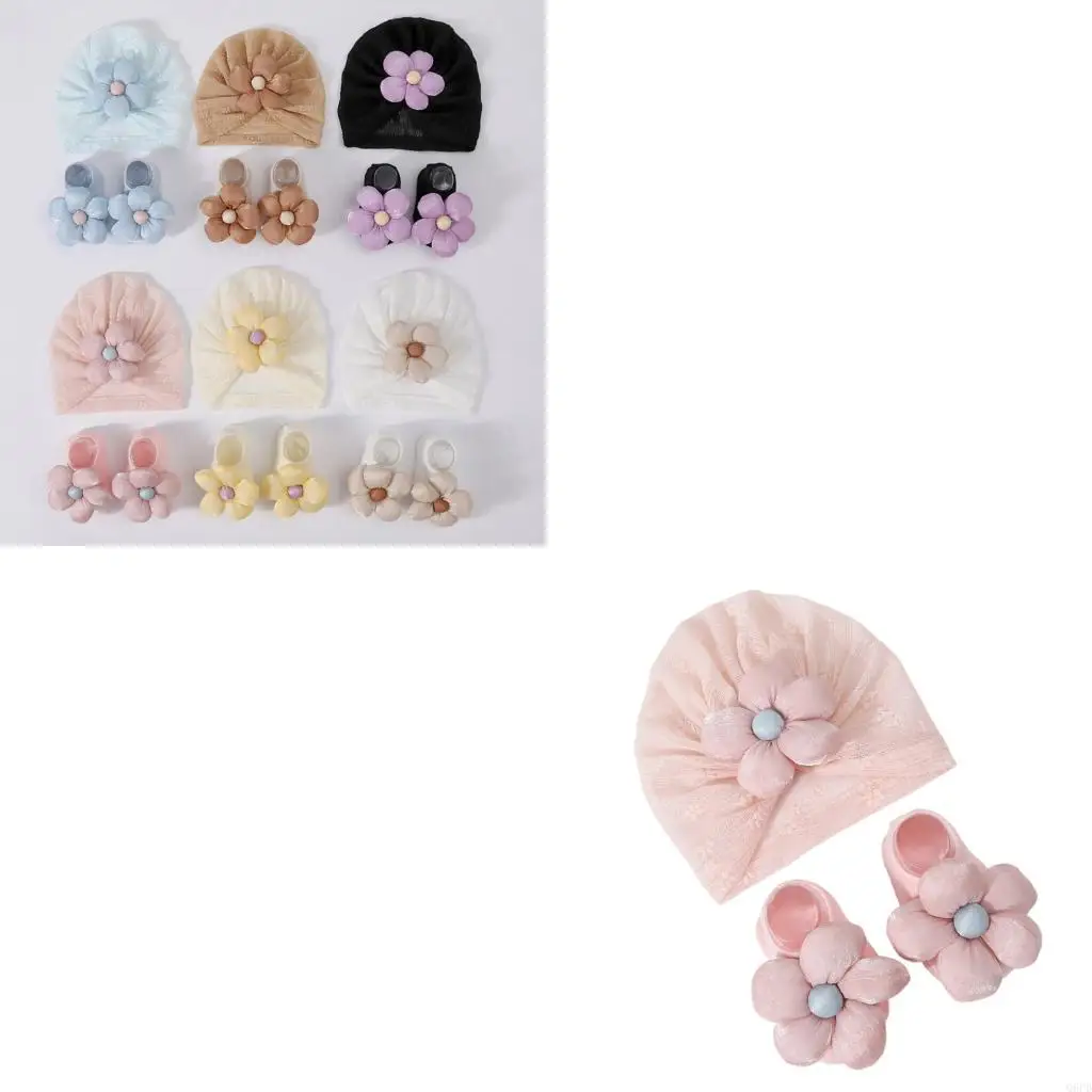

2Pcs/set Newborns Baby Flower Hat with Socks Solid Breathable Infant Fetal Hat