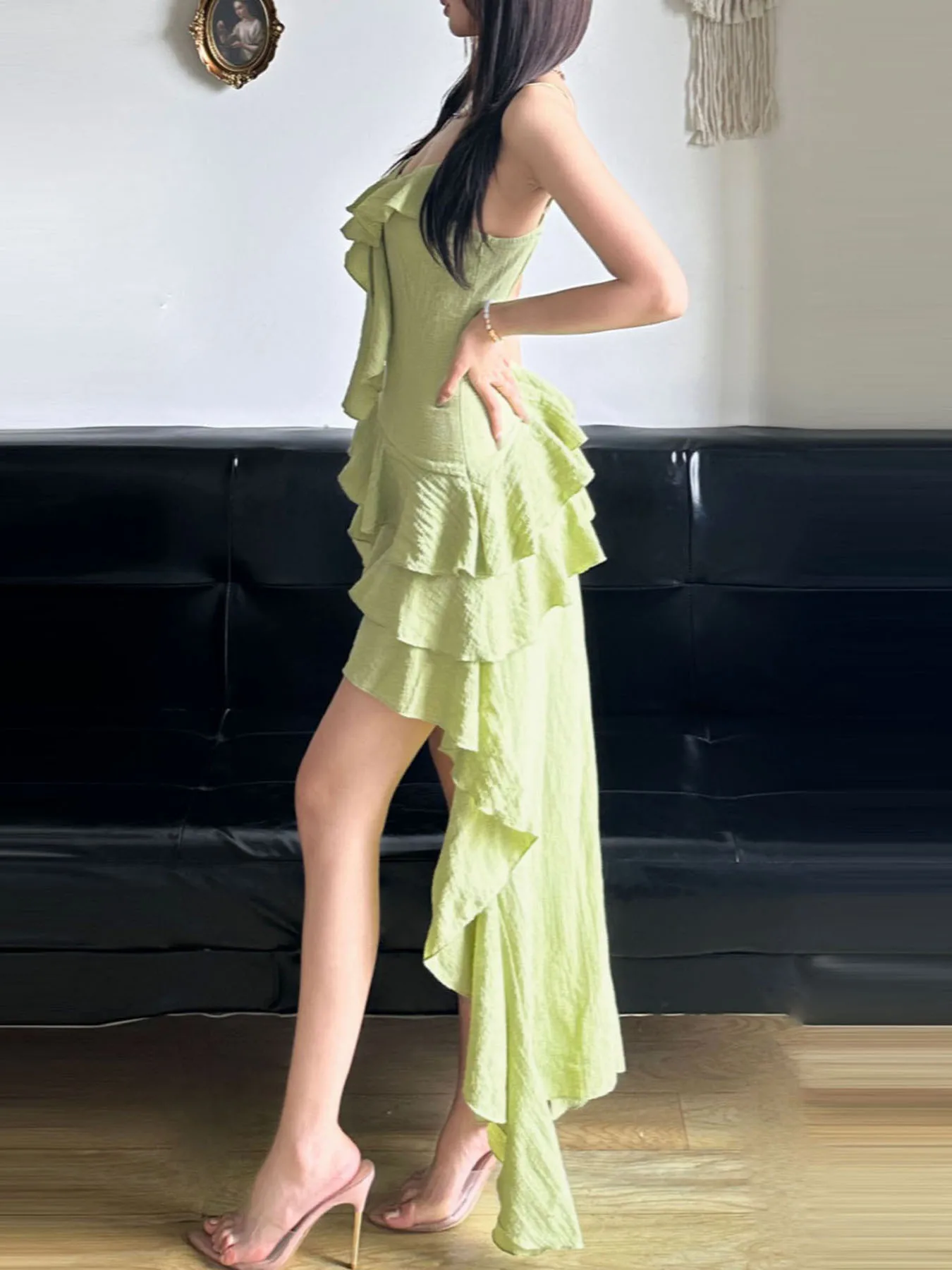 IAMSURE Beach Style Ruffles Solid Asymmetrical Dress Holiday Slash Neck Sleeveless Mini Dresses For Women 2024 Summer Fashion