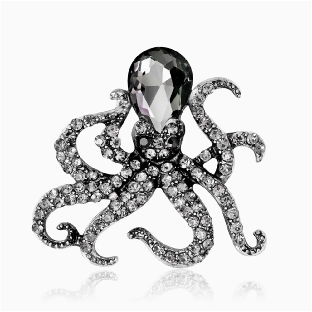 Crystal Rhinestone Octopus Fish Brooches Unisex Colorful Sea Animal Metal Pins Women's Clothing Party Jewelry