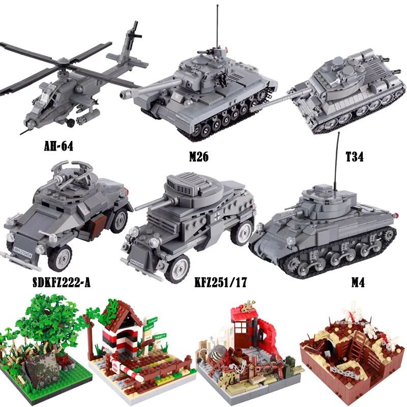 WW2 Military Tank Ruins Base Building Blocks German US Soviet Union Soldiers Figures Plane Cannon Gun Weapon MOC Bricks Toys Boy