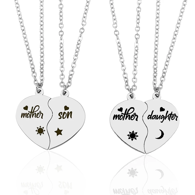 2Pcs/Set Mother Daughter Son Heart Puzzle Pendant Necklace Stainless Steel Sun Moon Necklaces For Mom Children Gift