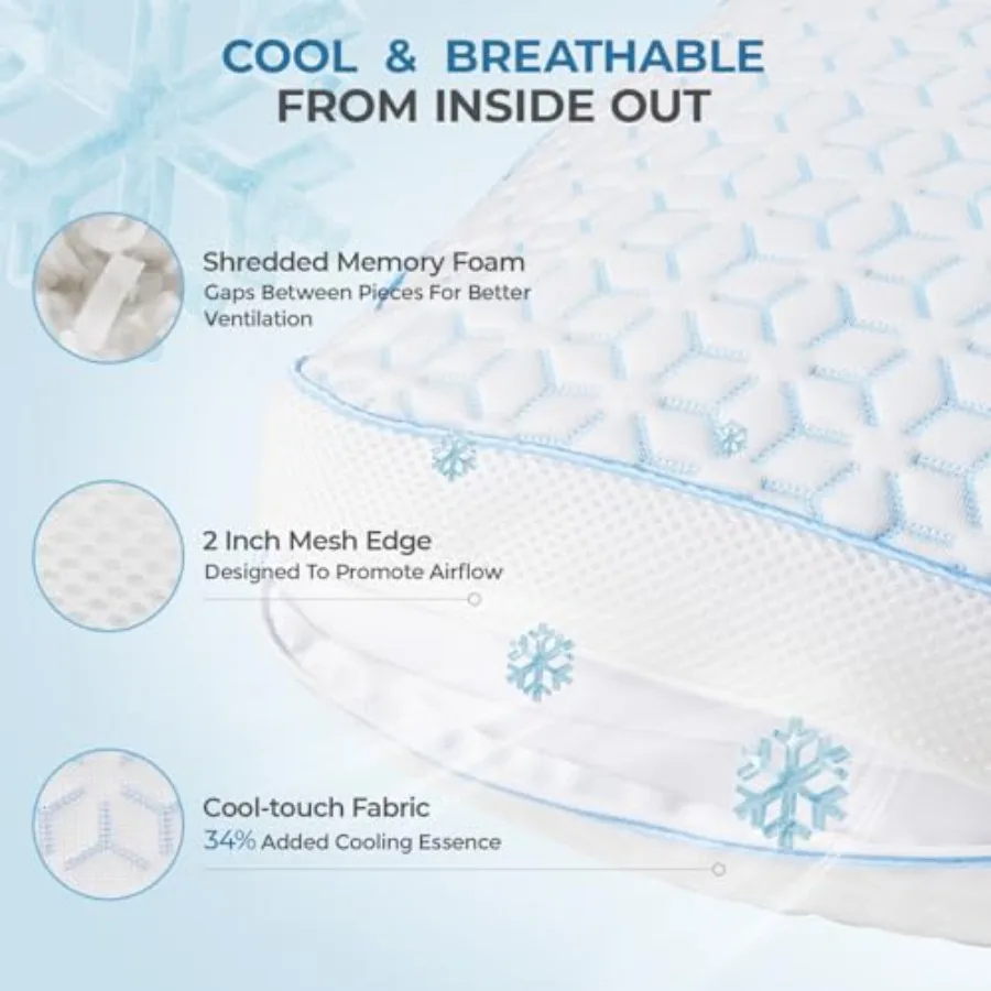 Cooling Pillows Size Set of 2, Shredded Memory Foam Pillows 2 Pack for Hot Sleepers, Cold Bed Pillows for Sleeping, Washable wi view 3