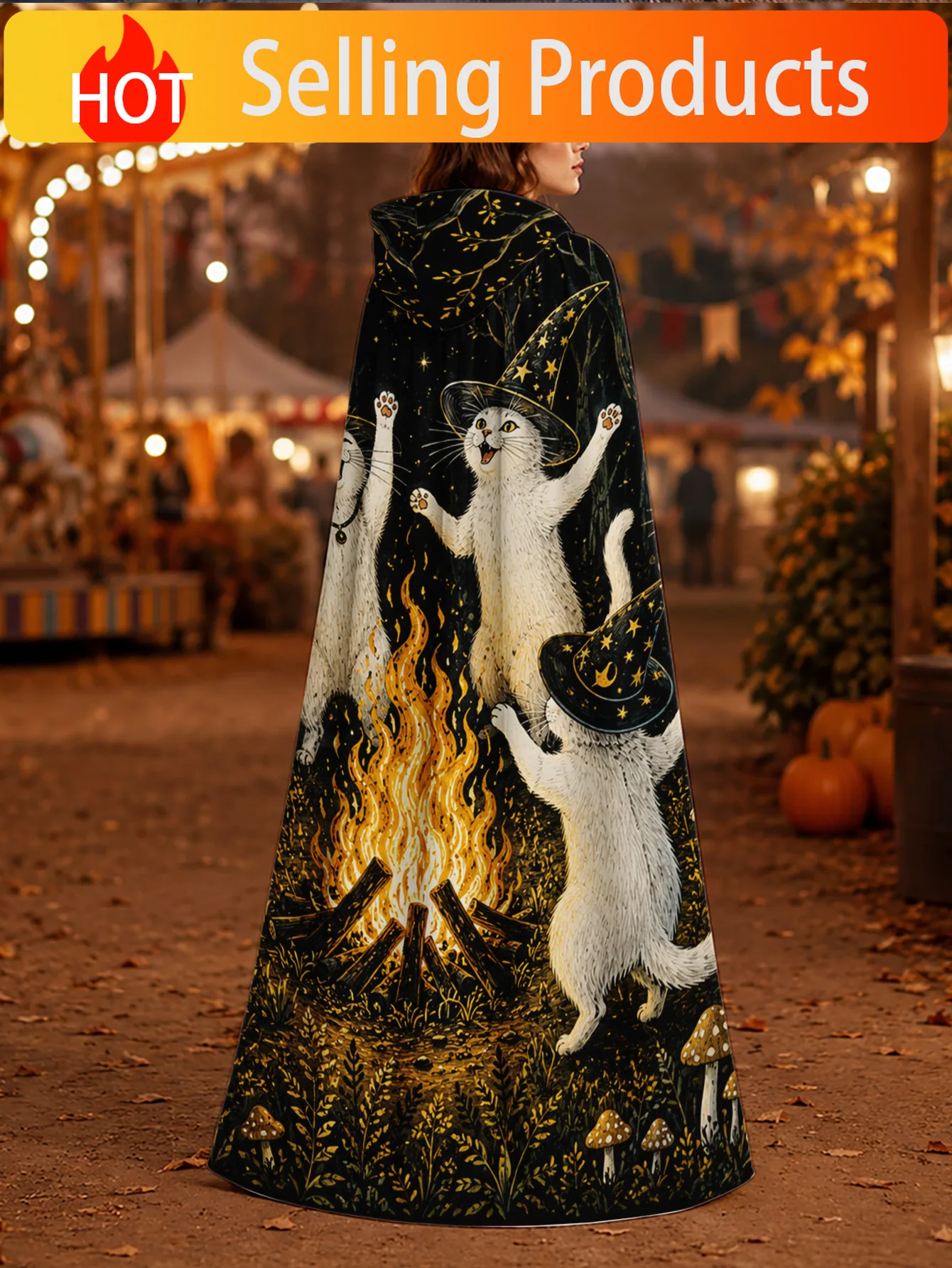 1pc, Halloween Witch and Christmas Fantasy Cape with White Cats Around Fire Elements, Unisex Polyester Hooded Robe for Adults, I