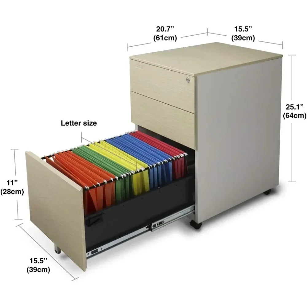 Mobile File Cabinet 3-Drawer Metal with Lock Key Sliding Drawer, White/Light Wenge, Fully Assembled, Ready to Use