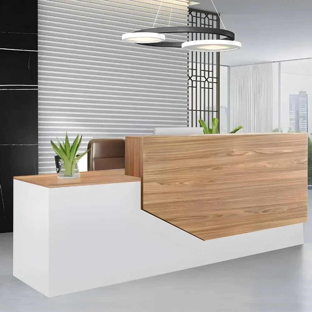 

Modern Reception Desk with Counter Lockable Wooden Retail Checkout Counter, Office Receptionist Desk with Drawers Ideal