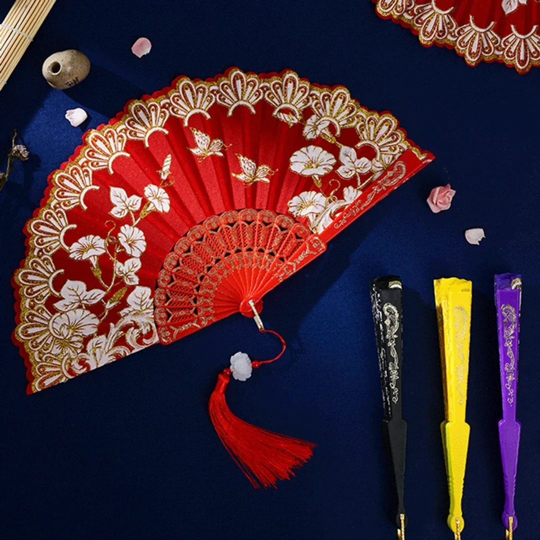 Chinese Luxury Folding Fan Flower Butterfly Printed Plastic Fan Wedding Party Dance Performance Hand Held Fans Photo Props