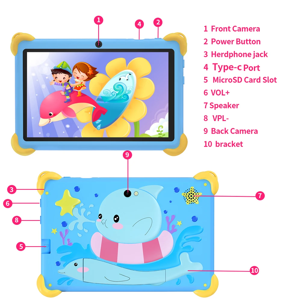 BDF Tablet per bambini da 7 pollici Android 13, 4 GB di RAM 64 GB di ROM, 1 TB di espansione, 5 GB WiFi, batteria 4000 MAH, doppia fotocamera, software regalo per bambini