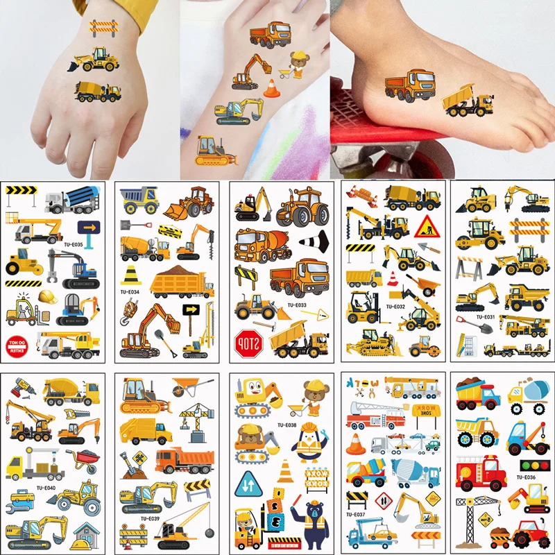 10 Sheets Excavator Vehicle Pattern Temporary Tattoos For Children Engineering Crane, Cartoon Tattoos Stickers for Kids