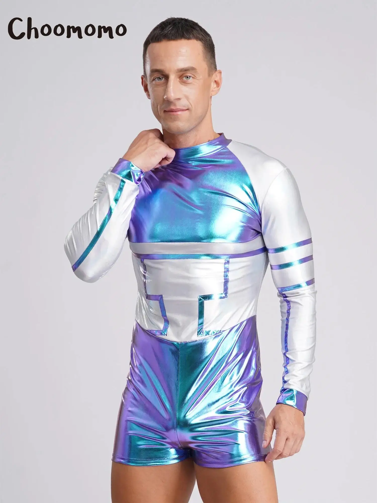 

Men Metallic Shiny Outer Space Cosplay Jumpsuit Halloween Long Sleeve Astronaut Leotard Bodysuit for Alien Fancy Party Dress Up