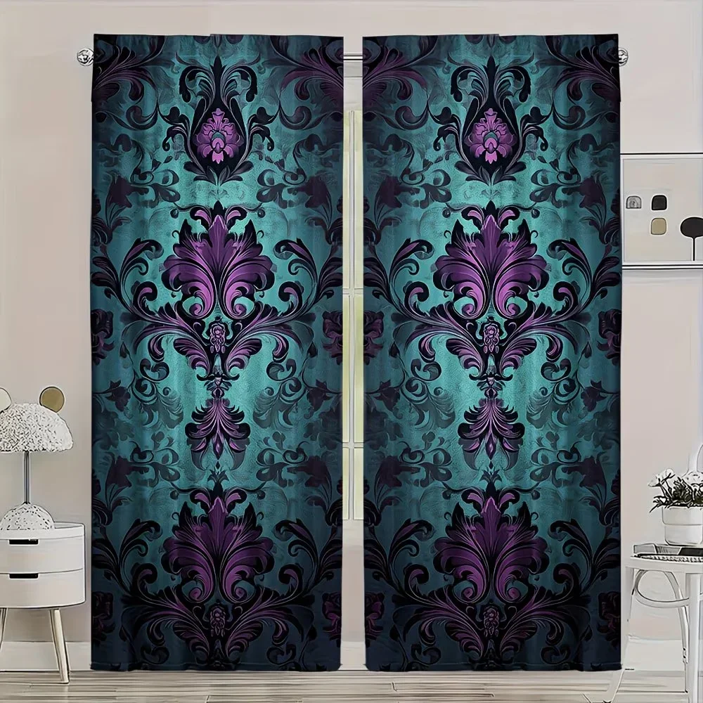 Elegant Teal Blue Purple Baroque Damask Curtain Pair 2pcs Luxury Living Room Bedroom Window Curtains Decoration