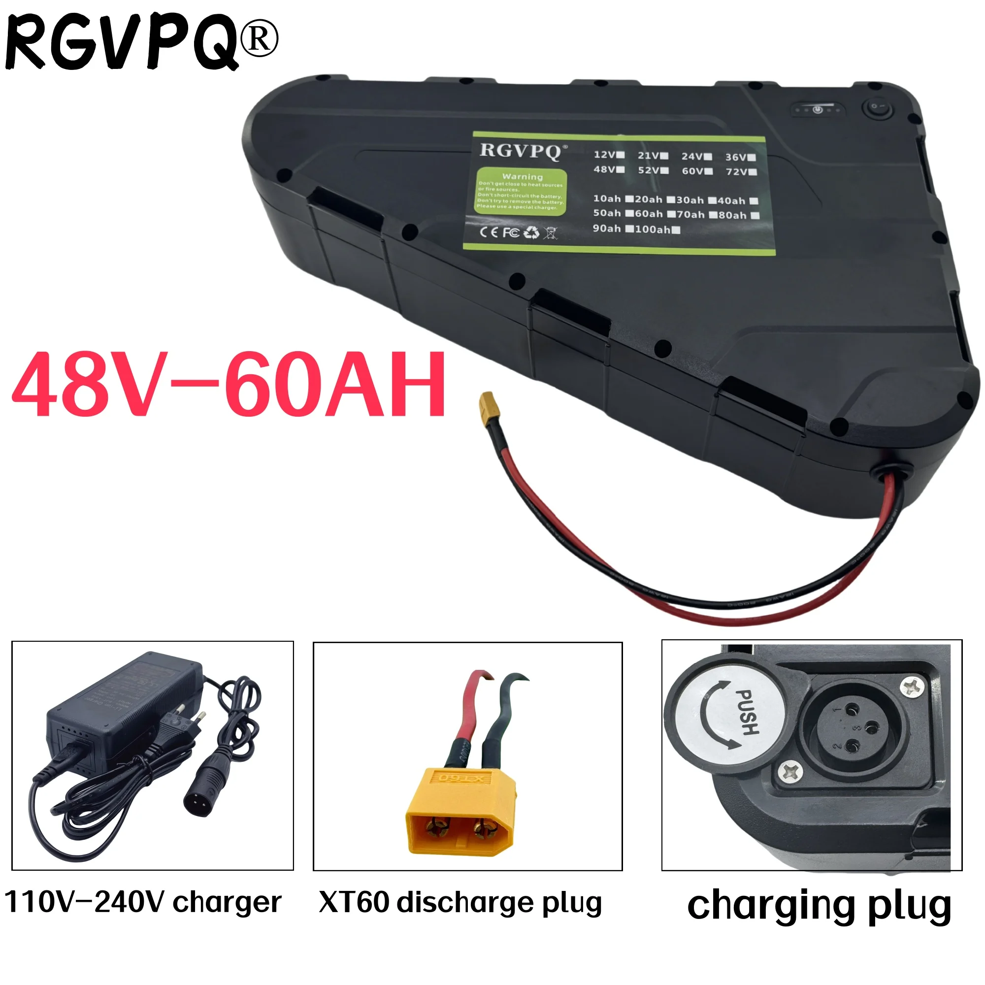 48V60AH Hoge capaciteit, snel luchtvervoer, waterdichte harde behuizing Sterk vermogen batterij 500W750W1000W driehoekige batterij