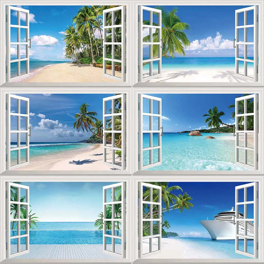 

MOON.QG Window Landscape Backdrop Photography Beach Curtain Palm Photozone Background Children Studio Photozone Accessories