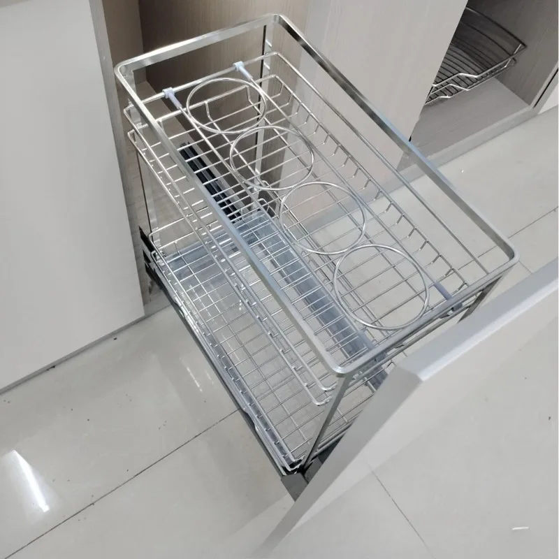 

Stainless steel 304 kitchen cabinet pull basket 2-layer seasoning basket double-layer drawer slide seasoning storage basket