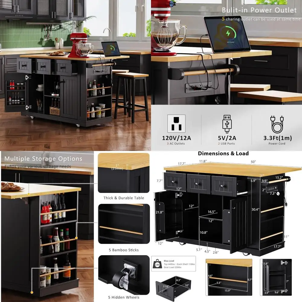 

Rolling Kitchen Island with Drop Leaf & Power Outlet, Large Kitchen Islands Cart on Wheels, Movable Kitchen Island with 5 Open S
