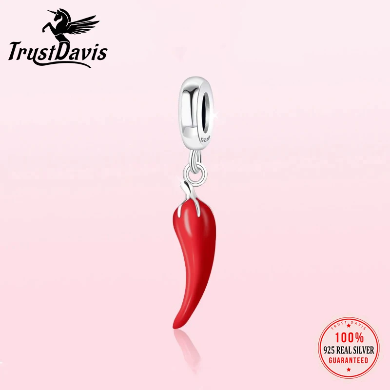 TrustDavis Real 925 Sterling Silver Charm Beads Fashion Red Pepper Bracelet Necklace Handmade DIY Accessories Fine Jewelry HY706