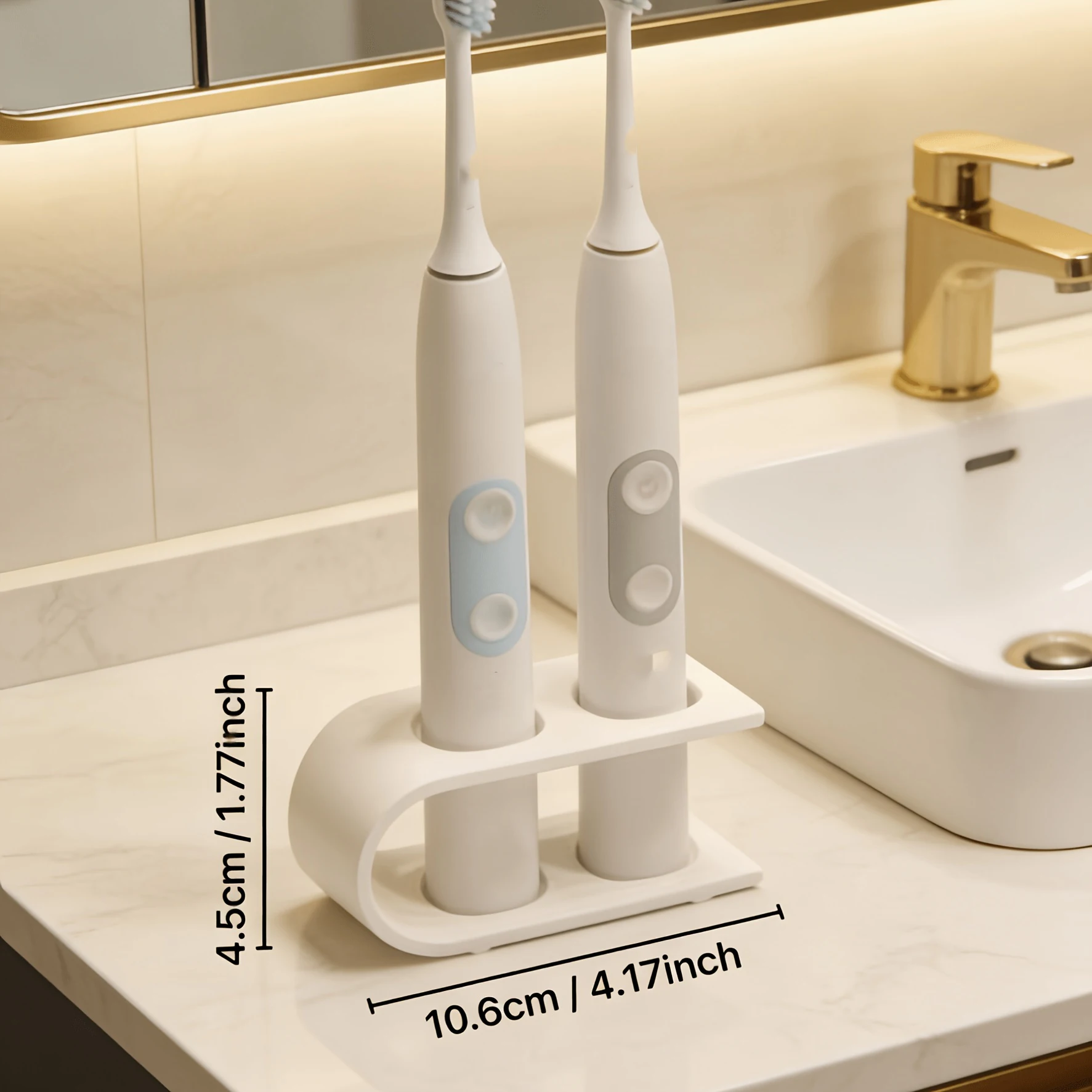 Minimalistischer Doppel-Zahnbürstenhalter - Moderner Badezimmer-Organizer für Elektrische und Manuelle Zahnbürsten, Platzsparendes Aufbewahrungsregal für die Arbeitsplatte, Stilvolles Weißes Design, Geeignet für Zuhause, Hotel oder Reisen – Detail 3