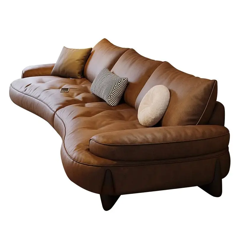 Y Sofá curvo minimalista italiano, nube de algodón de azúcar, sala de estar grande para tres personas, sofá de cuero de estilo retro minimalista