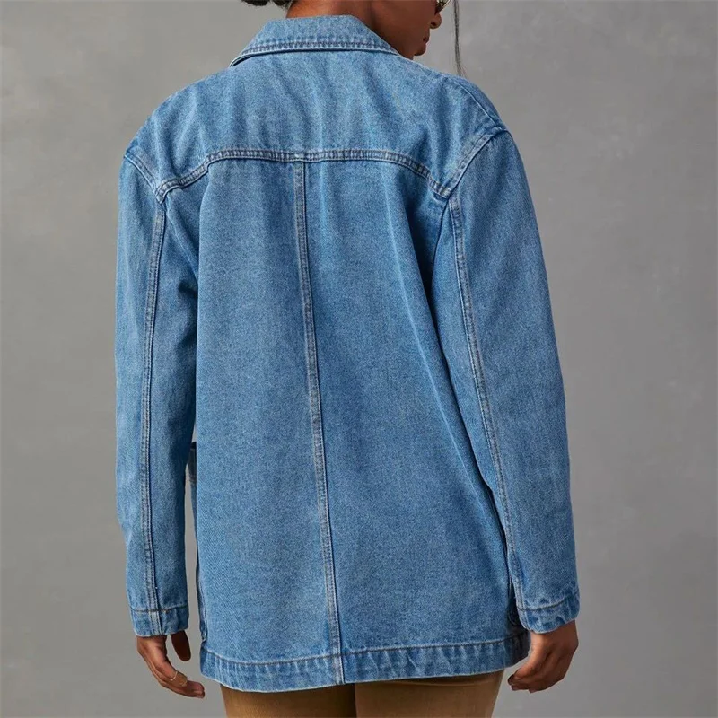 Streetwear Women Denim Suit Jacket Jeans Blazers Loose Washed Retro Blue Outerwear Female Double-breasted Blazers Spring Autumn