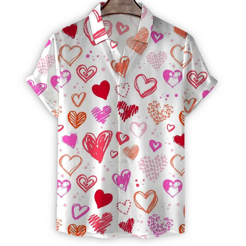 Cartoon 3d Print Love Heart Hawaiian Shirt Men Women Summer Short Sleeve Tees Lapel Button Shirts Tops Street Oversized Blouse