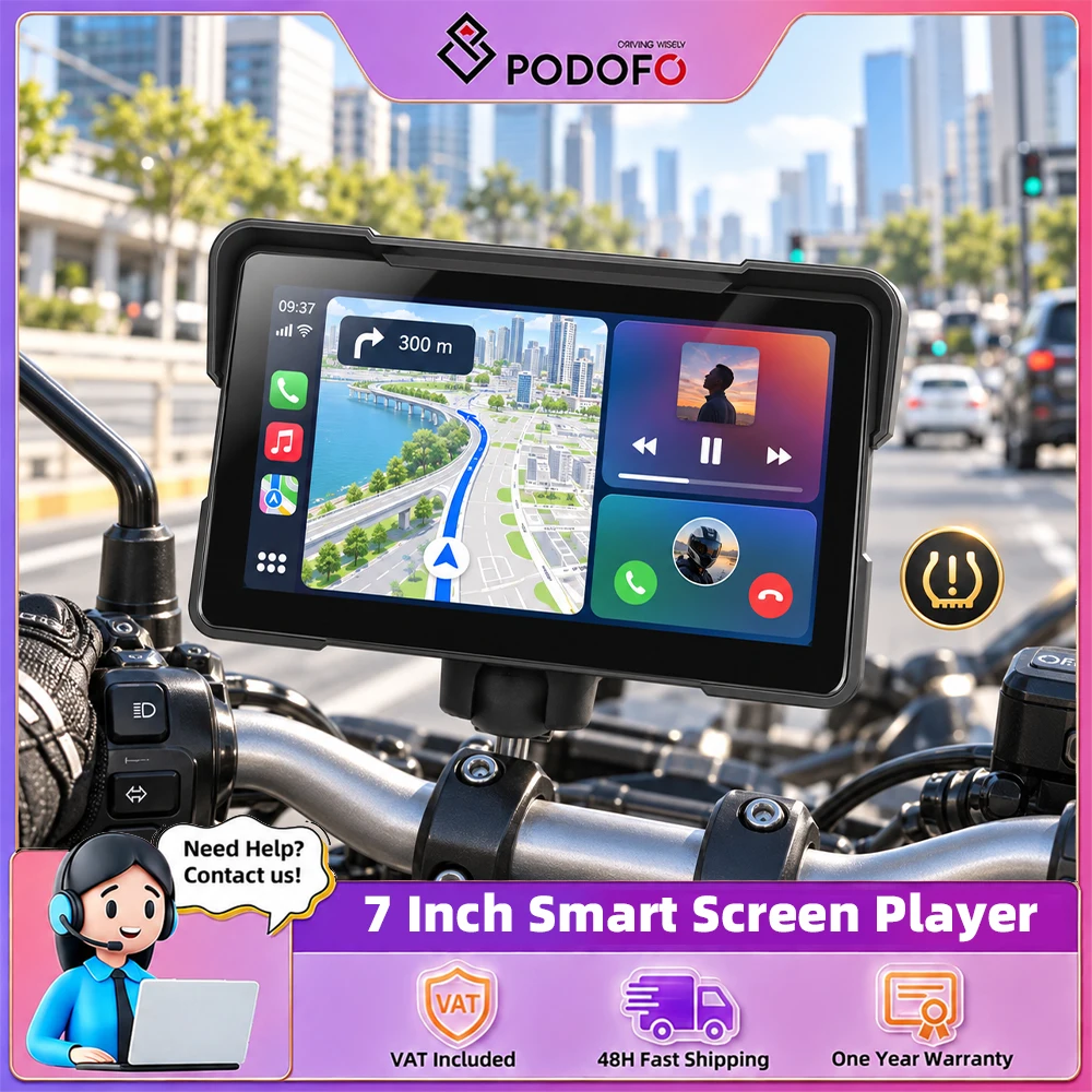 Podofo, lettore multimediale portatile da 7 pollici, con Carplay wireless, Android Auto, autoradio, equalizzatore, schermo HD, sistemi di assistenza alla guida, impermeabile IP67.