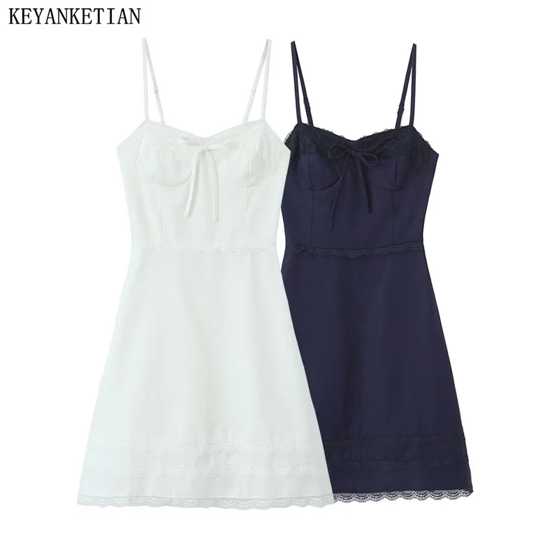 

KEYANKETIAN 2024 New Launch Women's Bow Lace Tiered Embellished Straps Mini Dress Summer Inner Style Slim Backless Sexy Dresses