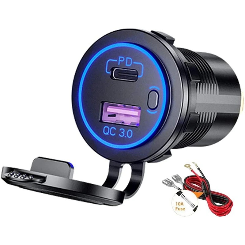 

10X PD Type C USB Car Charger And QC 3.0 Quick Charger 12V Power Outlet Socket With ON/Off Switch,Blue