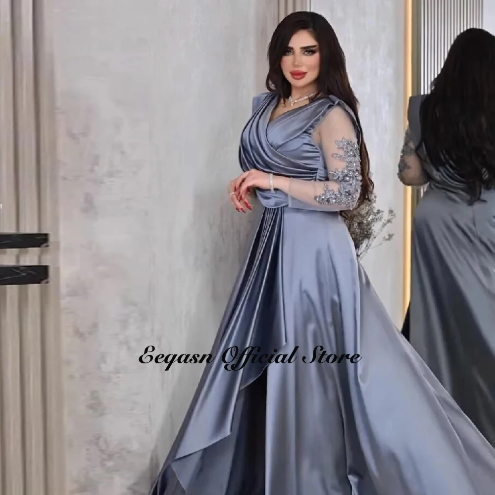 Customized Evening Dresses Stretch Satin Long Sleeve V Neck Prom Gowns Arabic Women Formal Party Occasion فساتين سهرة فخمه