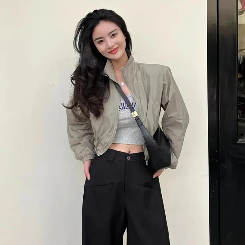 سترات نسائية كلاسيكية واقية من الشمس سترات مقصوصة كبيرة الحجم ملابس خروج بأكمام طويلة