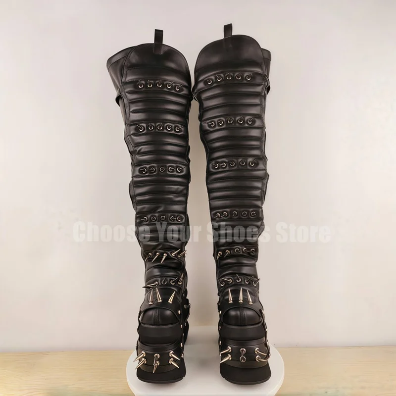 

Metal Spikes Black Stripe Design Platform Boots Buckle Strap Women Shoes Chunky High Heels Party Dating 2025 Zapatos Para Mujere