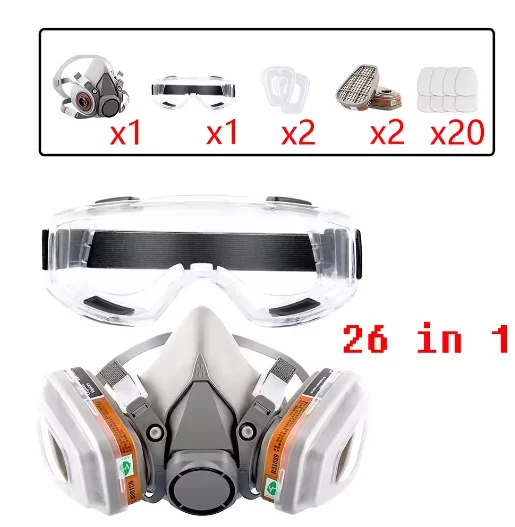 26in1 6200 Half Face Dust Gas Mask Respirator For Industrial Paint Spray Chemical Organic Vapor With Filters Protection