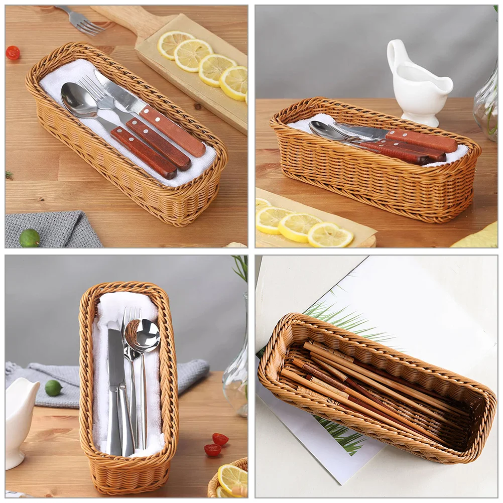 

2pcs Imitation Rattan Cutlery Household Storage Basket Desk Organizer for Kitchen Bathroom Home Decorative Basket Woven Storage