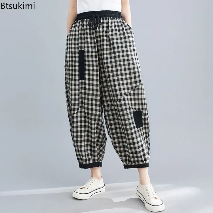 2024 Spring Korean Style Bloomers Women\'s Vintage Plaid Loose Ankle-length Pants Fashion Cotton Linen Casual Trousers for Women