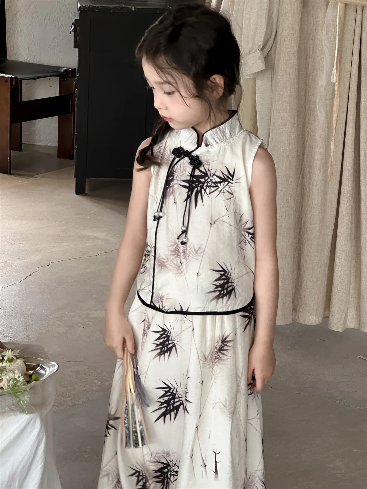 Girls Set Chinese Style 2024 Summer New Paint Tank Top Skirts Cheongsam Two Piece Set Baby Fashion Kids Summer Clothes