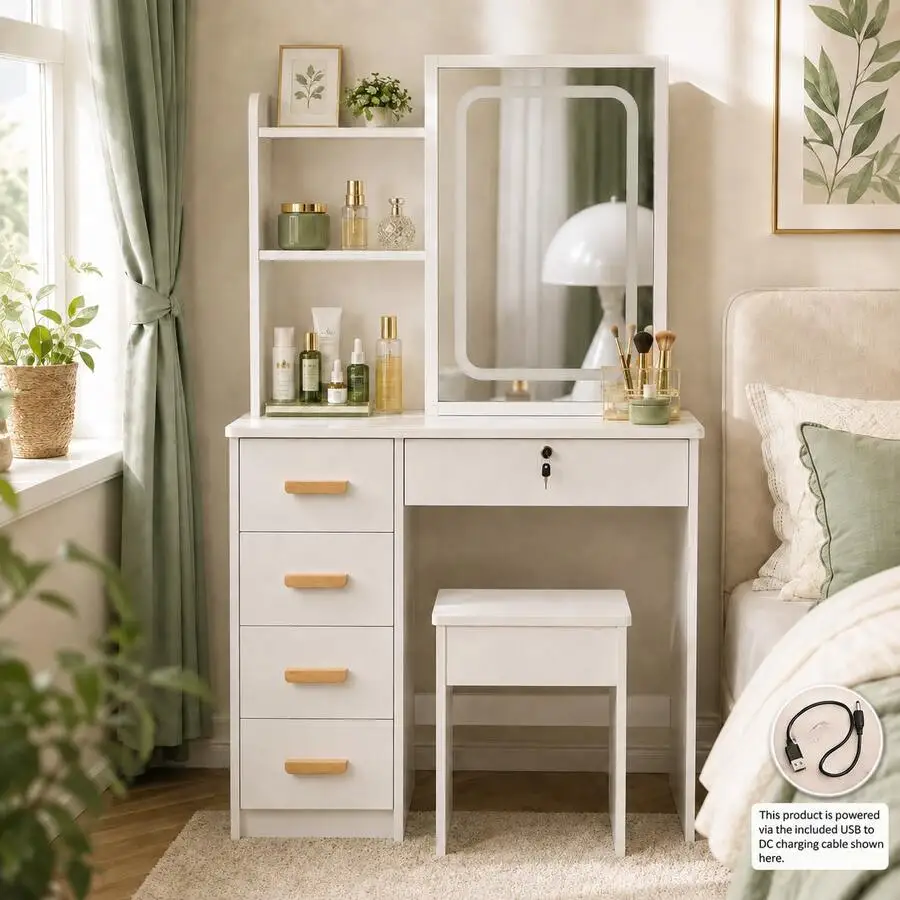 White Vanity Desk Set With Mirror & Cushioned Stool, 47.2'L * 15.7'W * 55.1'H, Makeup Dressing Table With 4‑Tier Storage Drawers