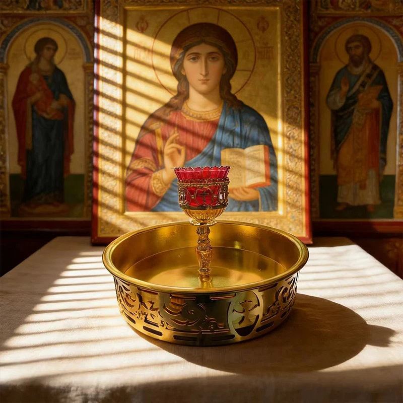 

New 2026 Gold-Plated Orthodox Vigil Lamp Standing Candle Holder with Holy Water Bowl Premium Liturgical Vessel for Home & Church