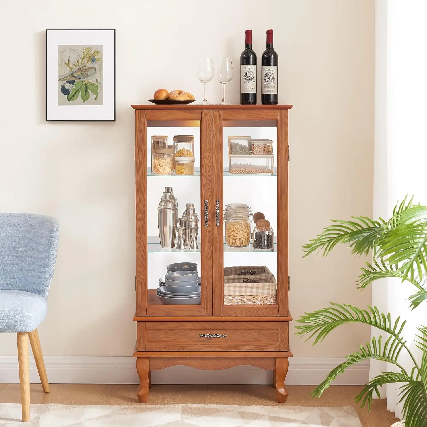 Storage Cabinet,Lighted Glass Display Cabinet Free Standing Cabinet With 2 Doors & 1 Drawer Accent Cabinet Glass Storage