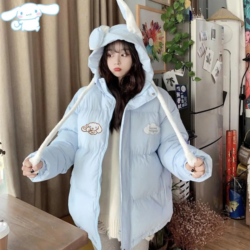 Cartoon Sanrioed Cinnamoroll Down Jacket Ears Can Move Kawaii Anime Winter Student Thickened Women Hooded Cotton Coat Loose Coat