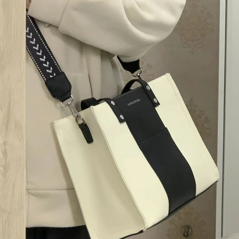 Corahkrimon niche borsa tote giapponese in bianco e nero tela borsa a tracolla diagonale a spalla singola per studenti di grande capacità