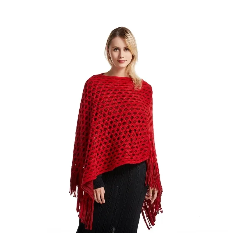 2024 Spring Autumn Loose Tassel Large Pullover Sweater Women's Versatile Coat Medium Long Cape Shawl Mesh Sweater Red